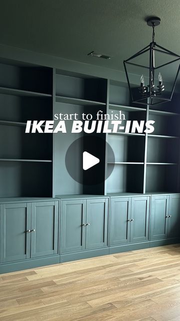 Tori || home design + decor on Instagram: "The IKEA built-in hack that I wish we knew sooner!! 🔨 🙌  FAQ We used the IKEA Havsta cabinets for lowers and Billy bookcases for uppers. This combo allowed the shelves to go to the ceiling (we have 9ft. ceilings so we had to cut them down about 9in).   Next we added a connecting shelf with plywood and lattice trim.  After caulking and using spackle to fill the miiiillions of holes, I sanded and primed the cabinets for paint.   I love this moody green paint! 1905 Green by Magnolia Home (I got it from Ace Hardware)  The last thing we did is seal the cabinets so the paint doesn’t chip!  🤍 Follow @loveletters_home for easy DIYs + favorite home finds + home styling ideas!  #diyhome #homeprojects #homediyproject #builtins #homediy #diytips #homeimpro Ikea Faux Built In, Ikea Havsta Office Hack, Ikea Billy Bookcase Styling, Billie Bookcase Built In, Ikea Billy Bookcase Hack Built Ins Tv Fireplace, Built In Bookcase With Cabinets, Built In Shelf Colors, Built In Bookshelves Billy, Ikea Hack Havsta