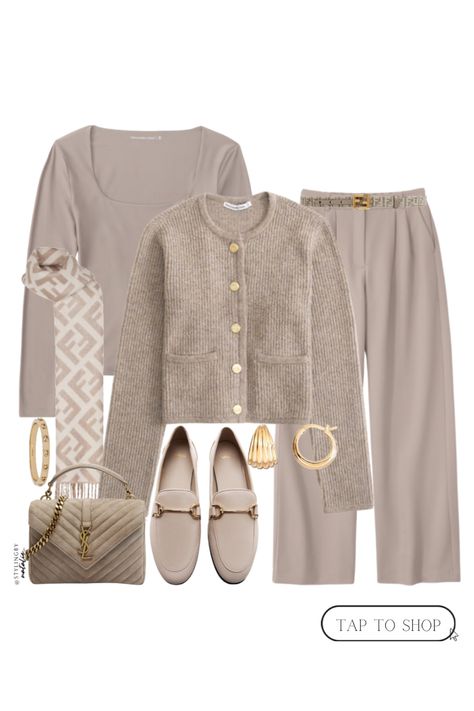 Winter work outfit inspo- Taupe tuckable square neck top, tailored trousers, ribbed knit collarless cardigan with gold buttons, Fendi belt & Scarf, loafers, YSL suede college bag & gold jewellery. Neutral outfit, work wear, office outfit, work outfits, smart casual chic Taupe Bag Outfit, Office Outfit Winter, Winter Outfits Work, Taupe Outfit, Winter Work Outfit, Business Casual Outfit Ideas, Wide Leg Trousers Outfit, Taupe Bag, Shop The Outfit