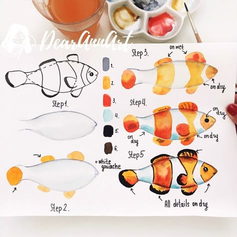 Step By Step Watercolor, Learn Watercolor, Watercolor Projects, Watercolor Tutorials, Watercolor Painting Techniques, Watercolor Paintings Tutorials, Watercolor Art Lessons, Clown Fish, Easy Watercolor