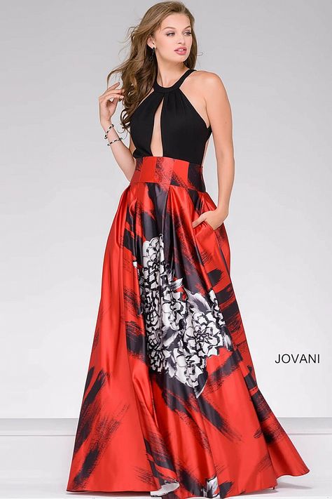 The ponte knit bodice and satin printed skirt prove to be a winning combination #JOVANI #36562