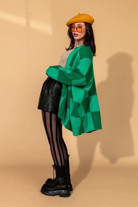 Checkerboard Cardigan, Satin Playsuit, Green Girl, Checkerboard Pattern, Sweater Collection, Woman Fashion, Style Mistakes, Colorful Fashion, Set Dress