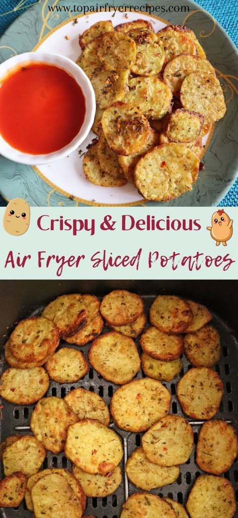 Air Fryer Sliced Potatoes Digital Air Fry Oven Recipes, Air Fry Oven Recipes, Sliced Fried Potatoes, Air Fryer Potato Recipes, Crispy Potato Bites, Air Fryer Sides, Air Fryer Side Dishes, Air Fry Oven, Air Fry Potatoes