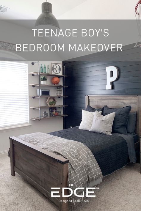 Teenage Boy's Bedroom Shiplap Makeover Avenger Room, Jazz Bedroom, Military Bedroom, Shiplap Bedroom, Black Shiplap, Basketball Bedroom, Teenager Bedroom Boy, Teenage Boy Room, Boys Bedroom Makeover