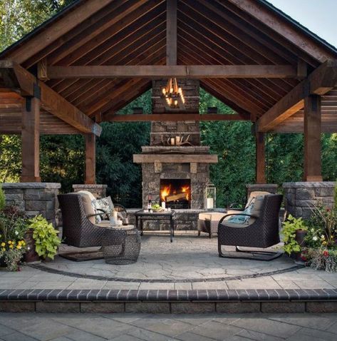 Top 50 Best Backyard Pavilion Ideas - Covered Outdoor Structure Designs Outdoor Covered Patio, Outdoor Fireplace Designs, Outdoor Structure, Outdoor Patio Designs, Outdoor Pavilion, Backyard Fireplace, Backyard Gazebo, Cozy Backyard, Patio Fireplace