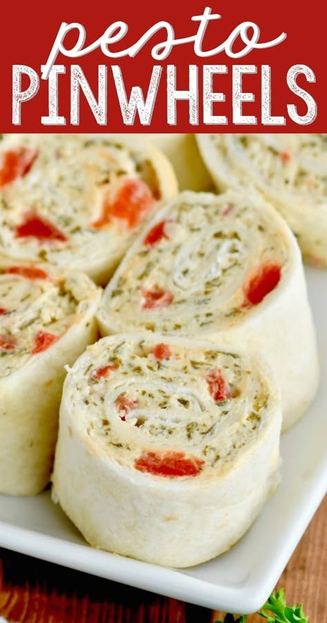 A closeup photo of the Pesto Cream Cheese Pinwheels on a white plate Pesto Cream Cheese, Pesto Pinwheels, Horderves Appetizers, Cream Cheese Pinwheels, Cheese Pinwheels, Pinwheel Appetizers, Pinwheel Recipes, Perfect Appetizers, Wrap Sandwiches