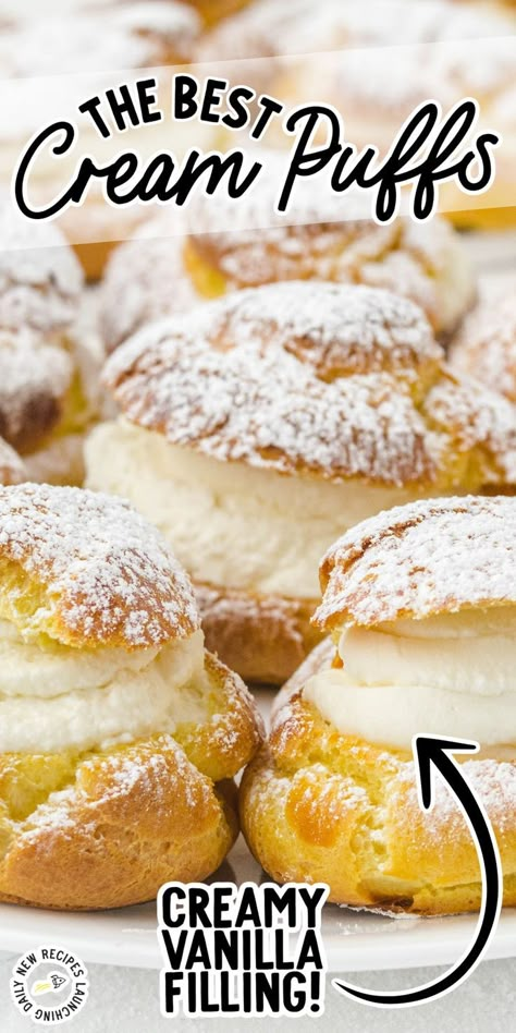 Cream Puffs Cream Puffs Recipe Easy, Yummy Nummies, Homemade Cream Puffs, Cream Puffs Easy, Cream Puffs Recipe, Whipped Cream Filling, Puff Dessert, Easy Custard, Heavenly Desserts