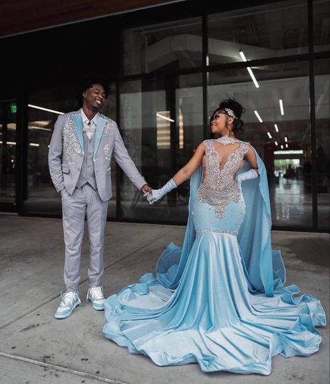 Silver And Blue Prom Dresses, Light Blue And Silver Prom Dress, Baby Blue Prom Dresses Black Women, Baby Blue Prom Couple, Light Blue Prom Dress Couple, Icy Blue Prom Dress, Blue And Silver Prom, Exotic Prom Dresses, Baby Blue Prom Dress