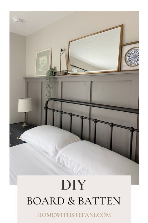 Bedroom Accent Wall Metal Bed, Board And Barren Bedroom, Board And Batten Wall Bedroom With Picture Ledge, Board And Batten With Ledge Bedroom, Batten And Board Bedroom, Board And Batten On A Budget, Board And Batten Wall Ledge, Half Wall Accent Ideas Bedroom, Borden Batten Walls Bedroom