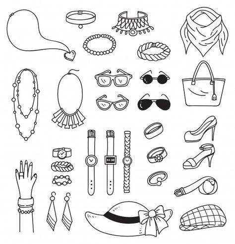 Set of fashion accessories doodle isolated on white background Premium Vector Cute Drawing Accessories, Fashion Accessories Sketch, Accessories Design Sketch Fashion Illustrations, Accessories For Drawing, Fashion Doodles Illustration, Accessory Design Sketches, Fashion Doodle Art, Cute Accessories Drawing, How To Draw Accessories