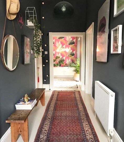 Eclectic Hallway, Grey Hallway, Hallway Paint, Hallway Colours, Dark Hallway, Dark Grey Walls, Hallway Inspiration, Entryway Inspiration, Design Hallway