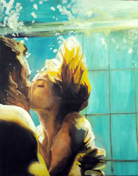 Romantic Artwork Drawing, Romantic Kiss Painting, Painting Of Couple Kissing, Two Lovers Kissing Painting, Kiss Oil Painting, Kissing Under Water, Pool Artwork, Underwater Kiss, Art Amour