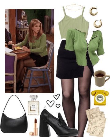 #friends #rachelgreen #rachelfromfriends #friendstvshow #90s #grunge #cute #preppy #cozy #fall #coffee #pretty #feminine #anaiese. Discover outfit ideas for everyday made with the shoplook outfit maker. How to wear ideas for coffee and clipped by eirafae . Winter 90s Outfits Rachel Green, Rachel Green Spring Outfit, Rachel Green Mini Skirt Outfit, Rachel Skirt Outfit, Rachel Style Friends, Rachel Green Green Outfit, 90s Green Outfit, Friends Show Outfits Rachel Green, Outfit Ideas Rachel Green