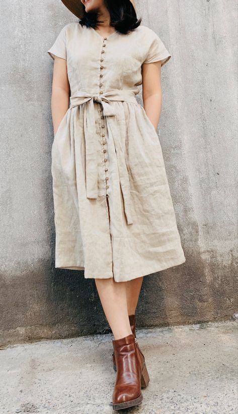 Button Loops Dress, Button Up Linen Dress, Little Cottonwood Dress, Cute Linen Dress, Linen Frocks For Women, Sew Linen Dress, Simple Linen Dress Pattern, Linen Frock Design, Linen Dress Pattern Sewing