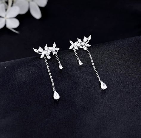 Elegant Sterling Silver Flower Dangle Drop Chain Earrings. Click to shop on Amazon. #earrings #sterlingsilverearrings Faceless Assassin, Silver Prom Earrings, Amazon Earrings, Prom 2024, Prom Earrings, Wrap Earrings, Bold Accessories, Chain For Women, Fun Clothes