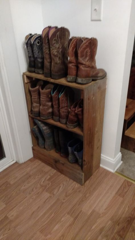 Rustic boot rack Cowboy Boot Holder, Garage Boot Rack, Western Boot Rack, Work Boot Storage, Tall Boot Storage Ideas, Boot Rack Ideas, Wooden Boot Rack, Diy Boot Rack, Boot Storage Ideas