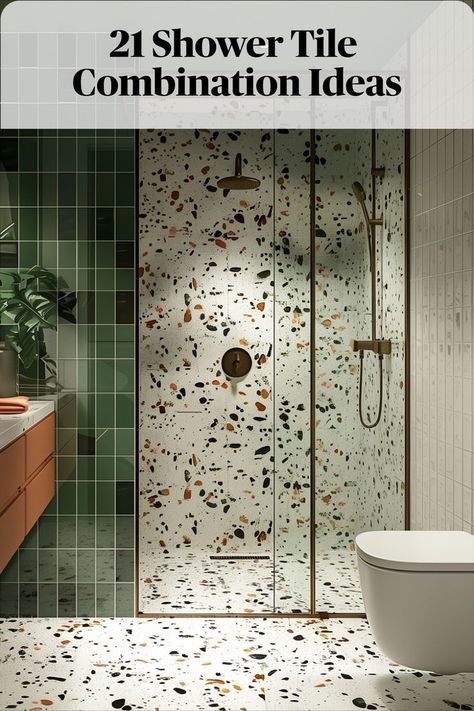 Timeless elegance with the fusion of classic subway tiles and the captivating charm of terrazzo in your shower Small Bathroom Ideas Terrazzo, Green Wet Room Bathroom, Coloured Tiled Bathroom, Small Shower Room Tiles Ideas, Bathroom With Vertical Subway Tile, Terrazzo And Subway Bathroom, Bathroom Ideas Tiles Colour, Terrazzo Hexagon Tiles Bathroom, Terrazzo Shower Room