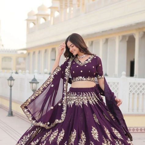 💃 LEHENGA CHOLI WITH DUPATTA COLLECTIONS-2024 👗 Shop This Trending Wine Embroidered Fully Flaired Georgette Lehenga Made with Rich Sequins And Thread Embroidered Work With Stunning Blouse And Dupatta. Code:- LW-7102 Lehenga :- (Full-Stitched)👇🏻 Fabric & Work :- Faux Blooming Georgette With Heavy Thread Sequins Embroidered work Length :- 42'' Waist :- 42'' Inner :- Cotton Flair :- 3.5 Mtr Closure:- Chain Attached & With Dori Latkan Stitching Type :- Stitched Can-Can And canvas Blous... Trending Lehenga Designs, Trending Lehenga, Bridal Wedding Lehenga, Purple Lehenga, Heavy Lehenga, Indian Gown, Wedding Outfits For Women, Bridesmaid Lehenga, Lehenga Choli Designs