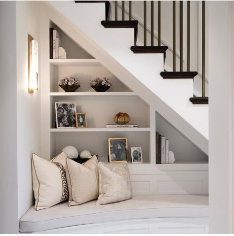 Bespoke Under Stairs Storage, Hall Under Stairs, Shelving Under Staircase, Under Stairs Storage Living Room, Under Stairs Reading Area, Under Stairs Joinery, Under Stairs Bookshelves, Books Under Stairs, Reading Book Under Stairs