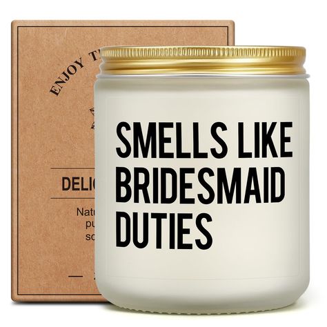 PRICES MAY VARY. 【FUNNY BRIDESMAID GIFTS】This lavender candle features funny quotes”Smells Like Bridesmaid Duties”. Interesting gifts for bridesmaid proposal party, wedding party, engagement, bridal shower and bachelorette party. A creative candle gift for sister, friends, and besties. 【50 HOURS BURN TIME】Made with 100% natural soy wax and an unbleached cotton wick, the candle has a long-lasting clean burning with consistent even melting. This sweet candle will be a nice reminder of their awesom Bridesmaid Fun Ideas, Gag Gifts For Bachelorette Party, Proposal Gifts For Bridesmaids, Bridesmaid Asking Ideas Diy, Practical Bridal Party Gifts, Bridesmaid Ideas Gift, Cousin Bridesmaid Proposal, Cheap Ways To Ask Your Bridesmaids, Cute Ways To Ask Bridesmaids Ideas