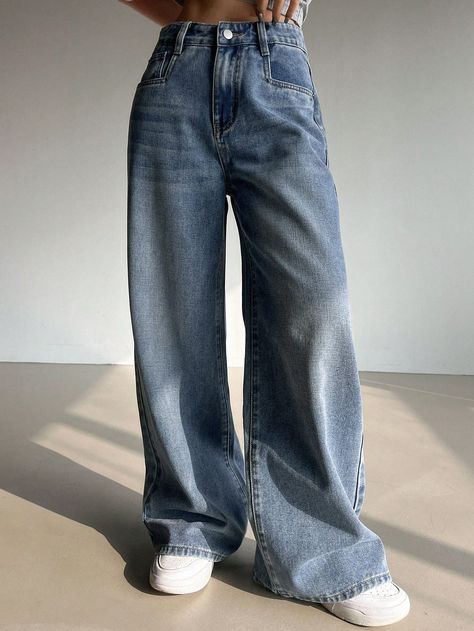 Blue  Collar  Denim Plain Wide Leg Embellished Non-Stretch All Women Clothing Over Size Jeans, Wide Jeans Aesthetic, Long Baggy Jeans, Aesthetic Baggy Jeans, Wide Leg Jeans Women, Jeans Pants Women, Blue Wide Leg Jeans, Pants For School, Jean Wide Leg