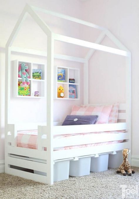 25 Easy And Free DIY Toddler Bed Ideas - DIYs Craftsy Toddler Bed With Storage, Diy Kids Bed, Toddler Bed Girl, Diy Toddler Bed, Toddler House, Toddler House Bed, House Frame, Beds For Kids, White Bed Frame