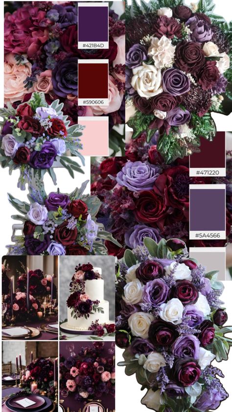 Fall Purple Centerpieces, Burgundy Wedding Color Scheme, Mulberry Color Palette Weddings, Purple Blue Burgundy Wedding, Burgundy And Plum Wedding Flowers, Purple Red Wedding Decor, Lilac And Maroon Wedding, Wine Colour Wedding Theme, Dark Purple And Burgundy Wedding