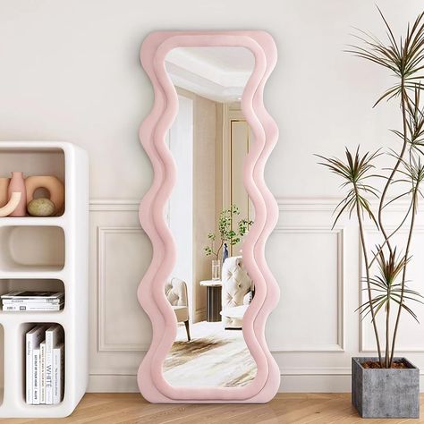 Squiggly Mirror, Full Length Mirror In Bedroom, Leaning Against Wall, Pink Bedroom Furniture, Irregular Mirror, Dream Bedroom Inspiration, Floor Length Mirror, Long Mirror, Wavy Mirror