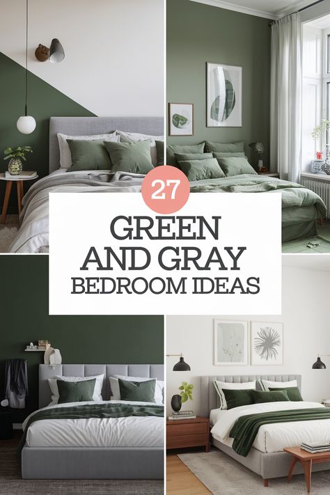 Discover the latest green and gray bedroom ideas that will elevate your space. From vibrant emerald hues to calming sage tones, this color combination creates a timeless and sophisticated aesthetic. Find inspiration for your own bedroom makeover with these stunning ideas. Light Grey And Olive Green Bedroom, Black And White Bedroom Ideas With Green, Grey And Green Bedroom Ideas Accent Wall, Green Nightstand Bedroom Ideas, Gray And Emerald Green Bedroom, Sage Green And Grey Bedroom Ideas, Sage And Gray Bedroom, Gray Headboard Bedroom Color Schemes, Grey And Sage Green Bedroom