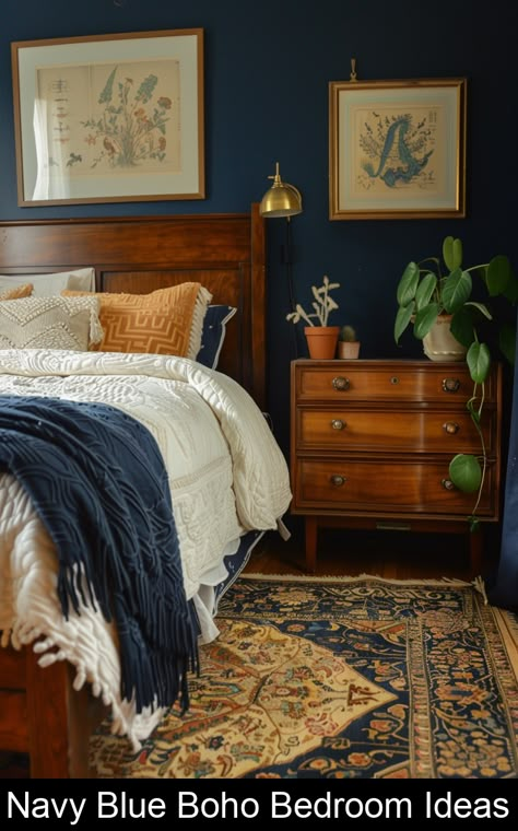 Transform your bedroom into a serene sanctuary with our stunning Navy Blue Boho Bedroom ideas! Discover how to combine the deep, calming tones of navy blue with the eclectic charm of bohemian decor to create a space that's both sophisticated and inviting. Our latest blog post showcases a variety of Boho Bedroom designs that incorporate rich blue hues, natural materials, and unique decor elements. Whether you're looking to add a bold navy accent w Navy Blue Earthy Bedroom, Ethan Allen Bedroom Inspiration, Navy Cottage Bedroom, Dark Blue And Rust Bedroom, Navy Terracotta Bedroom, Navy And Wood Bedroom, Navy Accent Bedroom, Navy Bedroom Aesthetic, Earthy Blue Bedroom