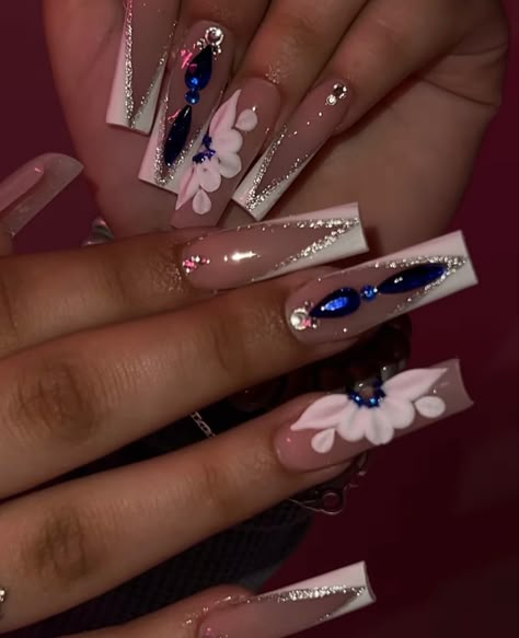 Blue Blinged Out Nails, Blue Quinceanera Nails, Zeta Nails, Blue Quince Nails, Royal Blue Quince Nails, Royal Blue Nails Designs, 16 Nails, Quince Nails, Blue And Silver Nails