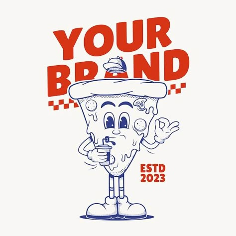 Pizza character retro mascot character | Premium Vector #Freepik #vector #marketing-logo #restaurant-logo #kitchen-logo #food-logo Pizza Character, Pizza Mascot, Pizza Icon, Retro Pizza, Fonts Logo Design, Pizza Cartoon, Retro Mascot, Sneakers Illustration, Pizza Branding