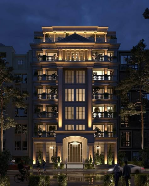 Modern American Architecture, New Classic Residential Building, Pretty Apartment Building, Classical Commercial Building Elevation, Luxury Building Exterior, Classic Apartment Exterior Design, Fancy Hotel Exterior, Luxury Building Architecture, 5 Story Building Design