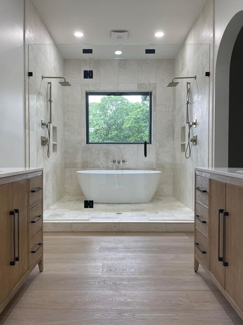 Minimal Master Bath, Master Bath With Tub And Shower Separate, Large Shower With Free Standing Bathtub, Shower Bath Combo Walk In, Master Shower And Bath, Large Shower Two Shower Heads, Master Bath With Washer And Dryer, Freestanding Tub Shower Combo Wet Rooms, Huge Master Bath