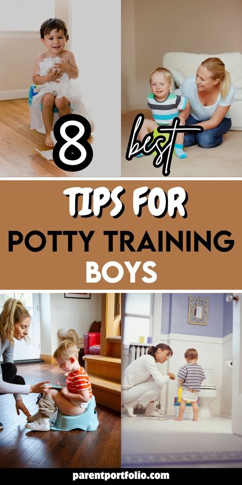 Image shows four photos of young boys learning to use the potty, assisted by adults. The text '8 Best Tips for Potty Training Boys' is bold, highlighting practical advice for parents. Each photo captures different potty training moments, emphasizing guidance, encouragement, and patience. The theme focuses on helpful strategies for parents embarking on the potty training journey with boys, making it a supportive and effective experience. Potty Training Rewards, Easy Potty Training, Potty Training Girls, Starting Potty Training, Infant Potty Training, Baby Potty, Advice For New Moms, Potty Training Tips, Potty Train