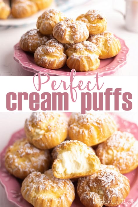 Easy Cream Puffs with a rich, EASY cream filling! - Kitchen Cents Easy Bavarian Cream, Bavarian Cream Puffs, Easy Cream Puffs, Cream Puffs Recipe Easy, Mini Cream Puff, Puff Recipes, Homemade Cream Puffs, Cream Puffs Easy, Cream Puffs Recipe