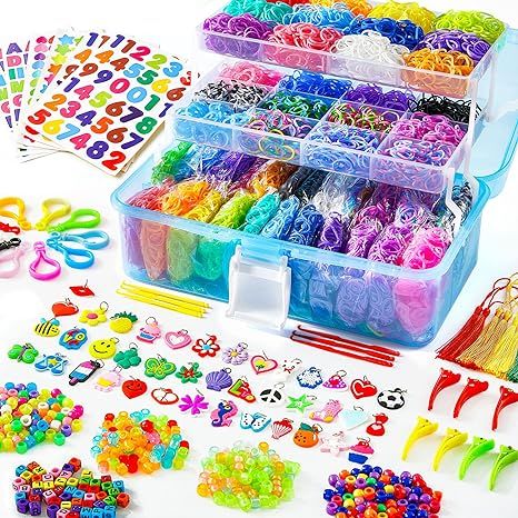 Amazon.com: Inscraft 17500+ Rubber Loom Bands with 3 Layer Blue Container, 28 Colors, 600 S-Clips, 352 Beads, 40 Cartoon Pendant, Bracelet Making Refill Kit for Kids : Office Products Backpack Hooks, Blue Container, Loom Band Bracelets, Rainbow Loom Rubber Bands, Rainbow Loom Patterns, Diy Kandi Bracelets, Rainbow Loom Bands, Make Flowers, Rubber Band Bracelet