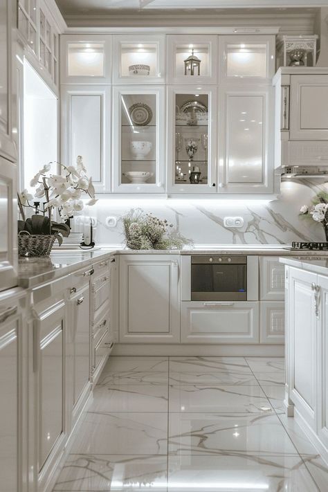 Marble Flooring In Kitchen, Marble And White Kitchen, White Marble Floor Kitchen Ideas, Kitchen Marble Flooring, White Kitchen Marble Floor, Kitchen With White Marble Floors, Marble Kitchen Flooring Ideas, White Marble Waterfall Island, White Marble House Interior