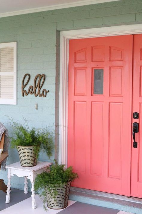 Loving these bright front doors! So easy to make a statement with bold front door paint choices using @decoart's Curb Appeal paint. Such cheery front doors on a colorful porch. Cute outdoor decor ideas! Paint Front Door Diy, Coral Front Doors, Bold Front Door Colors, Bold Front Door, Bright Front Doors, Victorian Front Doors, Unique Front Doors, Front Door Color, Green Front Doors