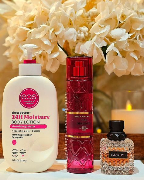 SOTD 💗💗 Today, I'm wearing one of my favorite combos! @bathandbodyworks, Pink Obsessed with @valentino.beauty Donna Born in Roma and @eosproducts Strawberry Dream body lotion as my base 🤌🏽😍💖 What's your scent of the day? Let me know in the comments 🫶🏽 *Items featured were purchased by me. They're authentic and are NOT for sale* *I do not own the rights to this music* #explorepage #fyp #viralpost #perfumelove #bodycarecollection #trinifraghead #donnaborninroma #affordablefragrances #smel... Born In Roma Valentino Combo, Best Perfume Layering Combos, Valentino Born In Roma Layering, Body Wash And Lotion Combo, Scent Layering Combo, Bath And Body Works Layering Combos, Lotion And Perfume Combo, Girly Cosmetics, Eos Lotion