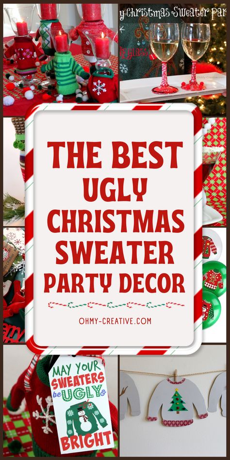 An Ugly Christmas Sweater Party is all about embracing the fun, quirky, and sometimes tacky side of the holiday season. It’s the perfect opportunity to let loose and celebrate with friends in a lighthearted atmosphere filled with bright colors, clashing patterns, and over-the-top festive decoration. Glittery snowflakes, and candy-cane-shaped decorations will add a pop to the overall look. With the right blend, your ugly Christmas sweater party will be a hit! #UglyChristmasSweater #ChristmasDecor Ugly Stocking Ideas, Ugly Sweater Decorations, Ugly Christmas Sweater Party Ideas Decor, Ugly Sweater Christmas Party Decorations, Crazy Christmas Party, Ugly Sweater Photo Booth, Ugly Christmas Sweater Party Decorations, Ugly Sweater Party Decorations, Ugly Christmas Sweater Awards