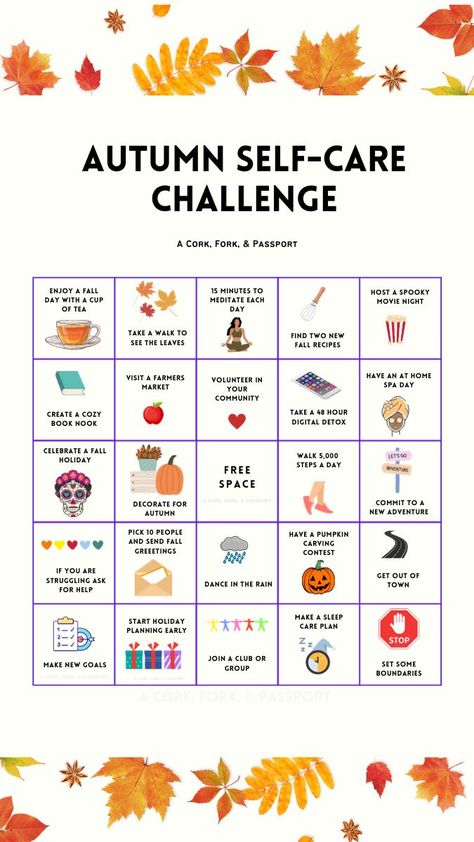 Fall Self-Care Challenge | A Cork, Fork, & Passport ® Fall Fitness Challenge Ideas, October Wellness Challenge, Fall Challenge Ideas, May Self Care Challenge, October Self Care, September List, Fall Selfcare, Autumn Self Care, Self Challenge