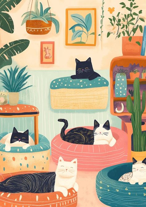 Cat Lounge, Fairy Tale Illustration, Contemporary Illustration, Whimsical Cats, Whimsical Illustration, Colorful Wall Art, Cat Nap, Cat Illustration, Litter Box