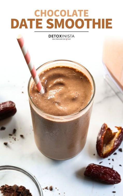 This Date Smoothie has a rich chocolate flavor and tastes like a milkshake! It's a delicious way to sneak more nutrients into your day. Date Protein Smoothie, Chocolate Date Smoothie, Gaps Desserts, Cocoa Smoothie, Date Smoothie Recipes, Date Shake, Chocolate Protein Smoothie, Chocolate Smoothie Recipes, Cacao Smoothie