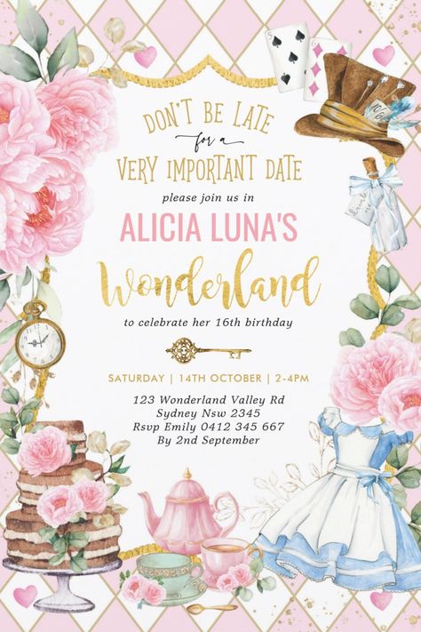 Whimsical Alice in Wonderland tea party birthday invitations. Amazing birthday party invites for girls featuring Alice in Wonderland theme. afflink Alice In Wonderland Invitations, Tea Bridal Shower Invitations, Wonderland Invitation, Alice In Wonderland Tea Party Birthday, Wonderland Birthday Party, Alice In Wonderland Birthday, Tea Party Invitations, Alice In Wonderland Theme, Wonderland Theme