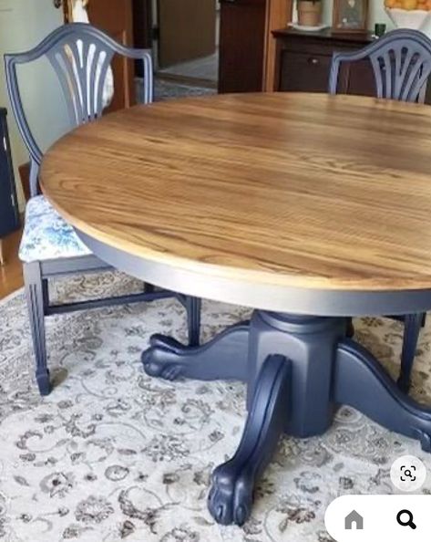 Round Table Refurbish Ideas, Refinished Round Dining Table, Refinished Round Kitchen Table, Pub Table Makeover, Round Dining Table Makeover, Blue Kitchen Table, Blue Dining Table, Dining Table Redo, Painted Dining Room Table