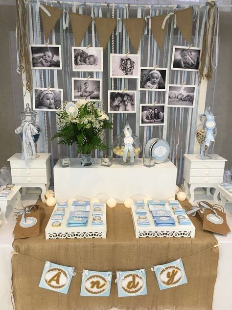 Shabby Chic boy | CatchMyParty.com Boy Baptism Party, Baptism Party Boy, Baptism Decorations Boy, Baptism Themes, Baptism Party Decorations, Baptism Party Ideas, Dedication Ideas, Baptism Centerpieces, Christening Decorations