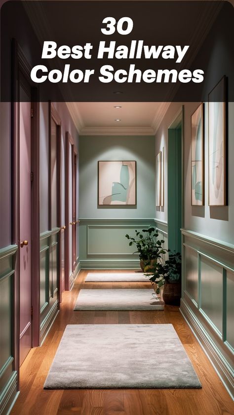 front Hallway 
hallway 
color schemes for the home
color ideas
color combo
color inspiration
color guide
hallway ideas
hallway decor 
hallway inspiration 
hallway guide
interior design 
interior designer
interior design ideas
interior design inspiration
interior design guide Hallway Bright Colour, Hallway 2 Colours, Colors For Hallways Paint, Colour Ideas For Hallways, Hall Stairs And Landing Decor Sage Green, White Hallway With Colored Doors, Landing Paint Colours, Two Toned Hallway Colors, Oak Hallway Ideas