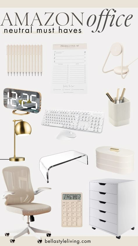 amazon office must haves Home Office Decor Ideas On A Budget, Professional Office Desk Decor, Home Office Ideas Dual Monitor, Cute Office Ideas For Work Professional, White Gold Office Ideas, Office Must Haves From Amazon, Work Office Set Up, Minimal Home Office Setup, Work Aesthetic Office Desk