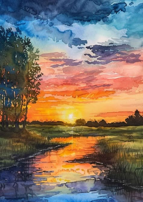 Discover a vibrant collection of 30 watercolor sunset painting ideas that will inspire your next masterpiece. From tranquil beach scenes to fiery skies, each idea is a burst of color and creativity. Perfect for artists of all levels, these watercolor sunsets are a great way to enhance your painting skills. Plus Free Watercolor Stencils! ! #WatercolorSunset #SunsetPainting #ArtInspiration #WatercolorIdeas #PaintingTutorial #ArtistsOfPinterest #SunsetArt Watercolor Art Horizontal, Sunset In Watercolor, Painting To Do On Canvas, Nature Drawings Colorful, Watercolor Paintings Landscape Sunsets, Watercolor Art Colorful, Drawing With Watercolor Ideas, Colorful Watercolor Art, Drawing A Sunset