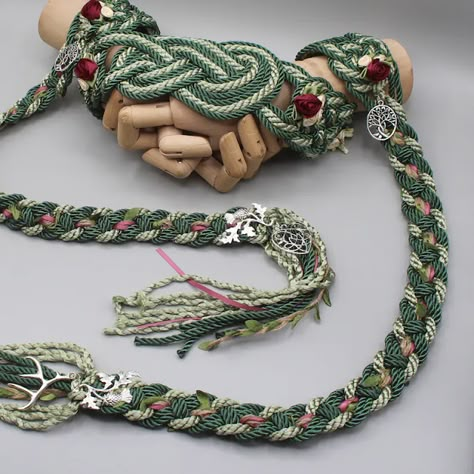 Handfasting Cord - Celtic 'Nine Knots' Design - Green with floral roses - Custom Infinity Love Knot wedding handtying cord/ribbon/rope/sash Handfasting Cord Colors, Hand Fastening Wedding, Celtic Wedding Decor, Handfasting Ceremony Cords, Hand Tying Ceremony, Diy Handfasting Cords, Knot Tying Ceremony, Very Small Wedding Ideas, Heathen Wedding